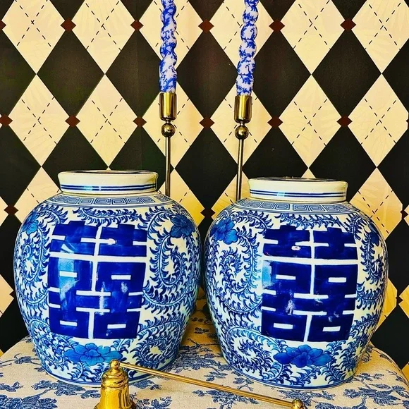 Pair Blue & White Double Happiness Ginger Jar + LID – Hand-Painted Porcelain - Picture 1 of 8